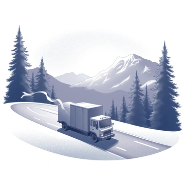 A truck is driving along a winding mountain road covered in snow. The road is flanked by tall, snow-dusted pine trees and rugged mountains in the background. Ribbons, flowing gracefully from the truck's side, flutter in the wind. The sun is setting on the horizon, casting long shadows and creating a dramatic atmosphere, with the sky transitioning to darker shades as the day comes to an end. The truck stands out against the white snow, and the entire scene conveys a sense of movement and adventure.