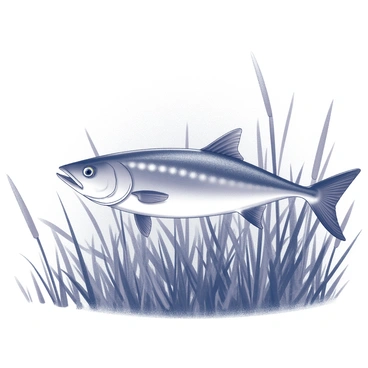A tarpon swimming gracefully through dense seagrass. The fish is sleek and elongated, with a streamlined body and prominent dorsal fin. The seagrass forms a thick, lush carpet, intertwining and creating a habitat for various small marine creatures. Light filters through the water, illuminating the tarpon and the surrounding seagrass, enhancing the sense of depth and tranquility in the scene.