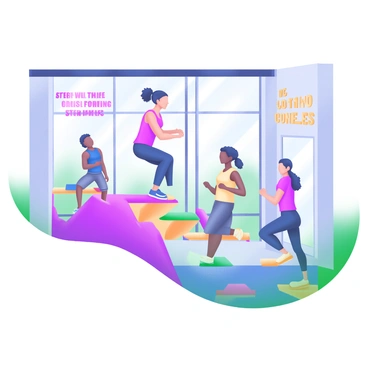 A fitness instructor stands at the front of a bright studio, leading a group of participants in a step-up class. The instructor is demonstrating a step-up move on a large, elevated platform. Surrounding the instructor, there are several people of diverse backgrounds, all focused and engaged in the workout. Each participant has a colorful step platform in front of them, and they are wearing vibrant athletic clothing. The studio has large windows allowing natural light to pour in, highlighting the energy of the class. On the walls, motivational quotes are displayed in bold letters, creating an inspiring atmosphere.