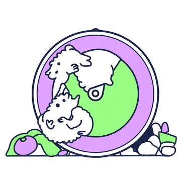 A hamster and a guinea pig are playing together inside a large hamster wheel. The hamster has soft, light-colored fur with tiny paws gripping the wheel, while the guinea pig has a round body covered in fluffy fur. The wheel is designed with bright colors and has a circular shape, allowing the animals to run and roll around. The background shows a cozy enclosure with bedding and a few toys scattered around, enhancing the playful atmosphere. The two animals are engaged and seem to enjoy their time together.