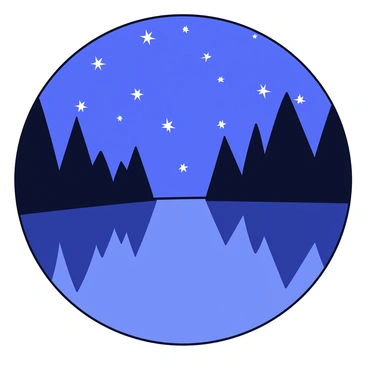 A hidden lake with a smooth surface that perfectly reflects the dark shapes of surrounding trees. The lake is framed by tall, slender trees that create a natural boundary. Above, the night sky is filled with numerous twinkling stars, scattered across the deep blue. The overall scene conveys a sense of tranquility and stillness.
