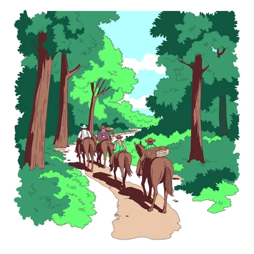 A narrow road is winding through a lush, dense forest. Tall trees with thick trunks and vibrant green foliage surround the road, creating a natural tunnel effect. Along the road, a group of settlers is traveling; they are dressed in simple, rugged clothing suitable for a journey. Some settlers are walking while others are riding on sturdy brown horses. The settlers are carrying various supplies in backpacks and are focused on their destination. Sunlight filters through the canopy, casting dappled light onto the ground and the travelers.