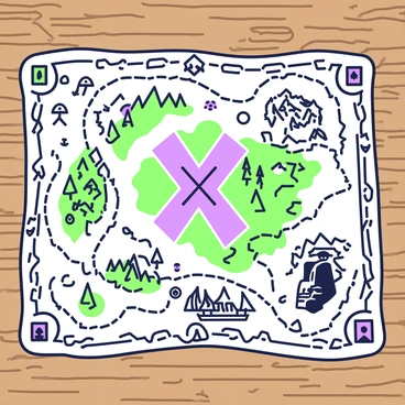 An ancient treasure map is spread out on a wooden table. The map features intricate linework with winding paths leading to various hidden landmarks. In the center, there is a large, stylized "X" marking the treasure location. Surrounding the "X," there are detailed illustrations of mountains, forests, and rivers. Along the paths, small icons depict landmarks such as a cave entrance, an old shipwreck, and a mystical waterfall. The edges of the map are adorned with decorative borders and ancient symbols, adding to its complexity and historical significance.