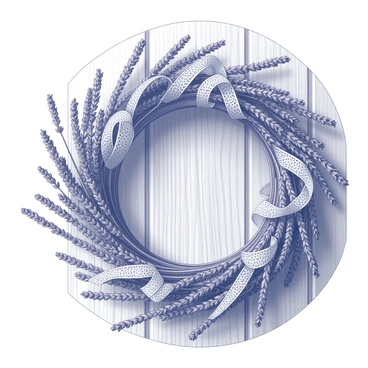 A vintage-style wreath composed of dried lavender, creating a circular form. The wreath features delicate lace ribbons intricately woven throughout the lavender stems. It is displayed prominently against a textured wooden wall, emphasizing the natural elements of the craftsmanship. The wood of the wall exhibits a classic, aged appearance, highlighting the rustic charm of the scene.