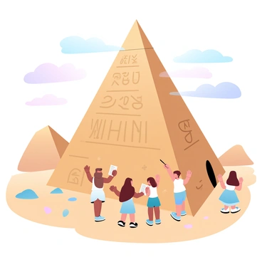 A group of kids is standing in front of a large ancient pyramid, examining intricate hieroglyphs carved into its stone surface. Some kids are taking notes while others are pointing at various symbols. One child is peering into a shallow opening that hints at a hidden chamber inside the pyramid. Surrounding the pyramid is a desert landscape with sand dunes and scattered rocks. The sky above is filled with soft gradient pastel colors, creating a warm, inviting atmosphere.