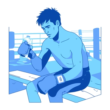 A blue amateur boxer is sitting on a white wooden bench in a gym. He has short, tousled hair and is still wearing his boxing gloves, which are resting on his thighs. In his hands, he holds a transparent water bottle and is taking a sip, while his gaze is directed downwards, indicating deep reflection. Sweat glistens on his forehead and arms, showing the effort he put into the match. The gym has a faint background with exercise equipment and a boxing ring visible, enhancing the atmosphere of post-match contemplation.