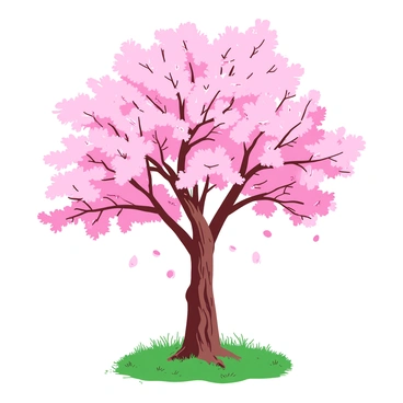 A pink cherry blossom tree stands tall with branches full of delicate flowers. The blossoms are in full bloom, displaying various shades of pink, and are gently swaying in the breeze. The tree's bark is brown and textured, contrasting with the bright pink blossoms. A few petals are falling from the branches, dancing softly in the air. The grass beneath the tree is vibrant green, creating a refreshing scene.