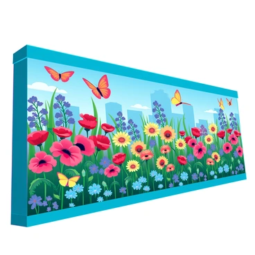 A large mural painted on a city wall depicting a vibrant urban garden. The mural features an array of colorful flowers in full bloom, including red poppies, yellow sunflowers, and blue violets. Butterflies of various sizes and colors, such as orange monarchs and yellow swallowtails, flutter around the flowers, enhancing the lively scene. The background shows a clear blue sky blending with the greenery of the garden, while the city skyline can be faintly seen in the distance, integrating urban elements with the lush flora. The colors are bright and vivid, creating an eye-catching and welcoming atmosphere.