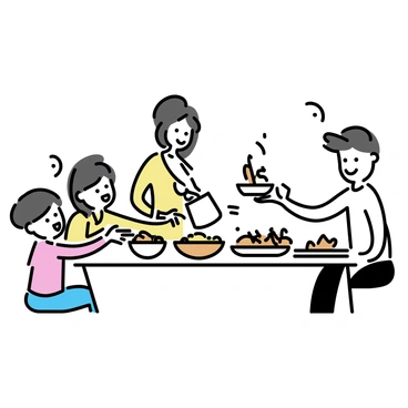 A family of four is gathered around a rectangular wooden table. The table is laden with a variety of dishes, each featuring tamarind as a key ingredient. There are bowls of tamarind chutney, a large platter of tamarind-glazed chicken wings, and a vibrant salad with tamarind dressing. A woman with long dark hair is serving food from a pot, while a man with glasses is reaching for a bowl of tamarind rice. Two children are sitting on either side, eagerly pointing at the dishes. The atmosphere is lively, filled with smiles and conversation as they enjoy their meal together.
