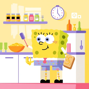 SpongeBob SquarePants wearing colorful pajamas is in his cozy kitchen. He has a sleepy expression on his face as he stands in front of a small countertop. The kitchen is filled with fun utensils and a bright yellow color scheme. There are shelves stacked with jars of jelly and a large bowl of gooey macaroni and cheese on the counter. SpongeBob is holding a spatula in one hand and a slice of bread in the other, preparing to make a sandwich. A clock on the wall shows that it’s midnight, adding to the sleepy atmosphere.