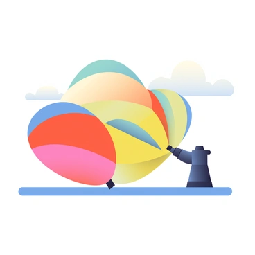 A colorful balloon is being inflated with a hand pump. The balloon is a mixture of bright colors including red, blue, and yellow, and it shows the vibrant hues stretching as it expands. The hand pump is made of black plastic, with the nozzle firmly inserted into the neck of the balloon. The scene captures the moment the balloon begins to take shape, with small creases forming as it fills with air. In the background, there is a faint outline of a table, providing context to the setting.