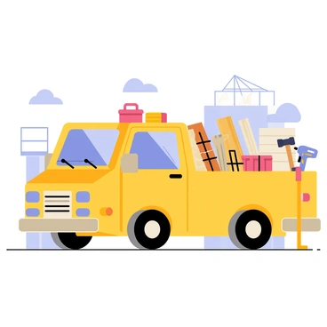 A mini-truck parked on a construction site with a bright yellow body. The truck is loaded with various tools, including a red toolbox, a blue power drill, and several hammers. Building materials such as wooden planks and rolls of wire are securely placed in the truck's bed. The background features construction barriers and a partially built structure, along with a clear blue sky overhead.