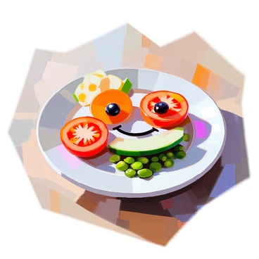 An arranged dinner plate featuring various food items that create the appearance of a smiling face. The plate is round and white, filled with colorful foods. Two round slices of tomato serve as the eyes, each with a small olive in the center. A curved slice of cucumber acts as the smiling mouth, while a pile of green peas forms the cheeks. The background is a simple wooden table surface that complements the vibrant colors of the food.