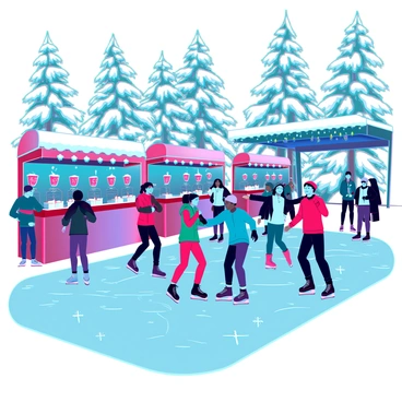 A lively winter festival scene featuring a crowded ice skating rink filled with people of various ages skating joyfully. Some skaters are gracefully gliding across the ice, while others are laughing and helping each other maintain their balance. Surrounding the rink are booths decorated with colorful lights, where vendors are serving steaming cups of hot cocoa topped with whipped cream. Festive decorations such as snowflakes and garlands adorn the area, adding to the cheerful atmosphere. In the background, tall snow-covered trees and a clear evening sky with twinkling stars create a picturesque winter setting.