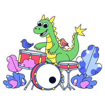 A friendly dragon with vibrant green scales is sitting on a colorful giant drum kit. The dragon has large, expressive eyes and a wide smile. The drum kit features multiple drums and cymbals, all in bright colors like red, blue, and yellow. The dragon's claws are gently striking the drums in an energetic manner. Surrounding the dragon is a lush fantasy landscape with oversized flowers and whimsical trees, creating a playful atmosphere. A few small birds are perched on the drum kit, adding to the lively scene.