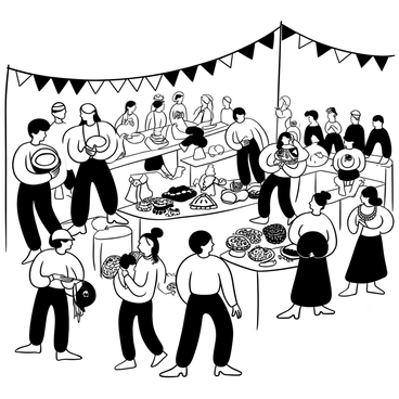 A bustling scene at a cultural festival where groups of people from different cultures are engaged in exchanging crafts. One group is showcasing intricate pottery, while another displays vibrant textiles spread out on tables. A man demonstrates traditional beadwork, while a woman explains the significance of her handcrafted jewelry. There are colorful banners and decorative elements hanging overhead, creating an atmosphere of celebration and collaboration. In the background, a crowd observes and admires the various crafts on display.