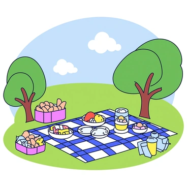 A picnic scene in a park with a large checkered blanket spread out on the grass. On the blanket, there are various containers of food, including a fruit salad in a clear bowl, sandwiches neatly wrapped in paper, and a pitcher of lemonade with ice cubes. A basket filled with fresh bread and pastries sits at one corner of the blanket. Nearby, there are two colorful picnic baskets. In the background, green trees provide shade, and a few fluffy clouds dot the bright blue sky.