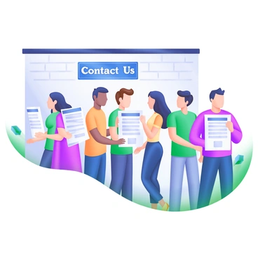 A diverse group of people standing in line, each person holding a printed contact form in their hands. The line consists of individuals of various ethnicities and ages. Some are wearing casual clothing while others are dressed more formally. The expressions on their faces show anticipation and readiness. The background includes a simple wall structure with a banner that reads "Contact Us" above the line.