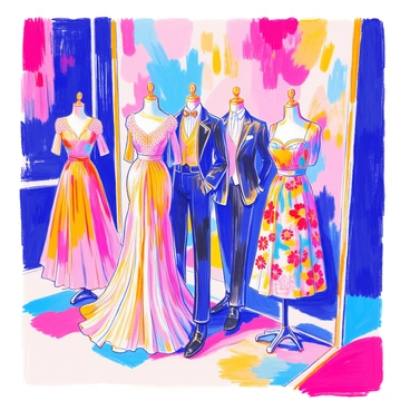 A display of a Dior fashion collection features a variety of elegant garments on mannequins. The collection includes a flowing evening gown with intricate lace details, a tailored suit with sharp lines and a chic silhouette, and a modern-day cocktail dress adorned with vibrant floral patterns. Each piece showcases unique fabrics such as silk, chiffon, and taffeta. The backdrop is a colorful canvas filled with abstract shapes and splashes of color that enhance the visual impact of the clothing. The lighting highlights the textures and colors of the garments, creating a dynamic presentation.