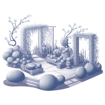 A botanical garden with a variety of exotic plants. The garden is filled with winding vines that climb along trellises and arch over pathways. Flowering branches extend from the plants, showcasing blooms with intricate shapes and textures. The scene includes stone pathways that weave through lush greenery, while ornamental features like benches and small fountains are strategically placed for visitors to enjoy. The overall layout is dense with foliage, creating a vibrant and immersive environment.