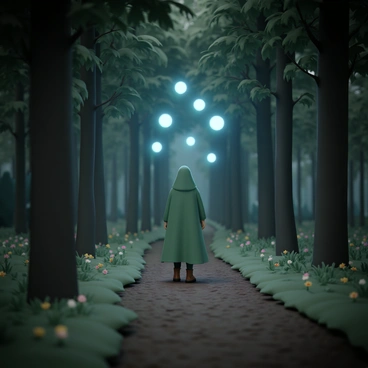 A figure, wearing a long green cloak and sturdy brown boots, is walking along a winding path in a lush forest. Tall trees with thick trunks and a dense canopy surround the path, their leaves various shades of green. The figure is illuminated by several luminescent orbs floating in the air, glowing softly in a bright bluish hue. The ground is covered in rich, dark soil with patches of vibrant green moss. Small wildflowers with colorful petals dot the sides of the path, adding splashes of color to the scene. The atmosphere is filled with a sense of mystery and enchantment as the figure follows the glowing orbs deeper into the forest.