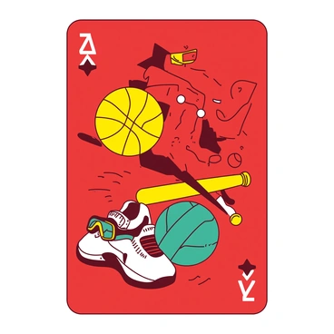 A red playing card features a dynamic design showcasing various sporting activities and equipment. On the left side of the card, there is a yellow basketball being dribbled by a player in mid-motion. To the right, a yellow baseball bat and ball are positioned together, emphasizing America's favorite pastime. A teal soccer ball is illustrated at the bottom, surrounded by white sneakers in motion. At the top, a yellow swimming cap rests next to a teal pair of goggles. The background is filled with vibrant motifs representing excitement and energy, perfectly capturing the essence of sports.