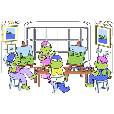 A Victorian art class is set in a spacious room with large windows, allowing natural light to flood in. Several frogs, each wearing tiny berets and aprons, are painting landscapes on easels. One frog is focused on a canvas depicting a lush green meadow, while another is capturing a serene lake scene. The frogs hold small paintbrushes in their webbed hands. The room is adorned with classic Victorian decor, including floral wallpaper and ornate picture frames. Paint tubes and palettes are scattered around on a wooden table.