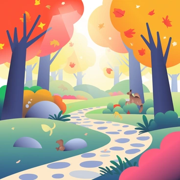 A vibrant autumn forest is filled with trees showcasing a range of warm colors, including orange, red, and yellow leaves. Leaves are gently falling from the branches, creating a colorful carpet on the forest floor. In the foreground, a winding path made of natural stones meanders through the forest, bordered by clusters of shrubs and ferns. Sunlight filters through the treetops, casting dappled shadows along the path. Small woodland creatures, such as a squirrel and a deer, can be seen in the distance, adding life to the scene.