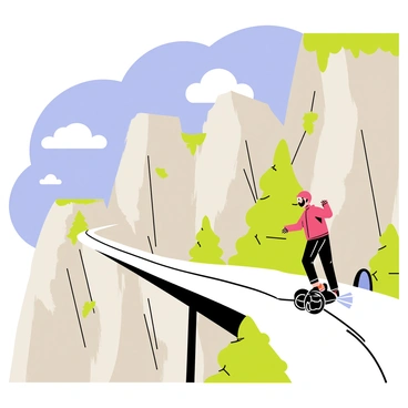 A daring Segway rider is gliding along a narrow cliff-side trail. The rider is wearing a bright red helmet and a matching jacket. Below the trail, steep drops lead down to a rocky terrain. The background features rugged cliffs and a clear blue sky, with fluffy white clouds scattered above. The Segway is black with shiny wheels, and the rider has an expression of focus and excitement. Lush green vegetation lines the edges of the trail, contrasting with the rocky landscape below.