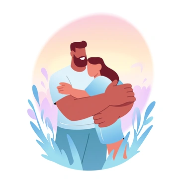 A father and son are locked in a warm embrace, both smiling as they hold each other closely. The father is wearing a comfortable t-shirt and jeans, while the son is in a short-sleeve shirt and shorts. They are surrounded by tall grass that gently sways in the breeze. The sky is painted in gradient pastel colors of orange, pink, and purple, reflecting the golden light of the sunset. In the background, there are faint silhouettes of trees and the horizon, creating a peaceful scene.