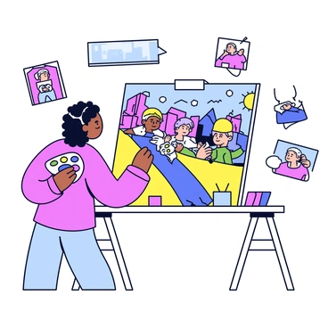 An illustrator is standing at a drawing table, focusing intently on a large canvas. The canvas features a modern interpretation of a famous historical painting, incorporating contemporary elements such as vibrant colors and urban backgrounds. The illustrator holds a brush in one hand and a palette with various paint colors in the other. Around the illustrator are sketches and reference images that highlight the blend of historical and modern themes.