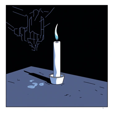 A single white candle is placed in the center of a dimly lit dark room. The candle's flame flickers gently, creating dynamic shadows that dance across the textured dark walls. The soft glow illuminates nearby objects, revealing ghostly shapes and patterns that stretch and shift as the flame moves. The atmosphere is filled with an air of mystery as the flickering light contrasts sharply with the surrounding darkness.