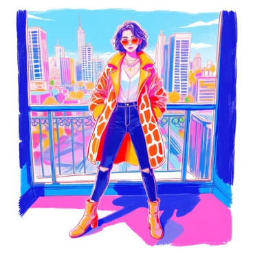 A fashion-forward individual is standing confidently in a vibrant giraffe print jacket. They are wearing stylish black skinny jeans and trendy ankle boots. Their hair is styled in a modern cut. The background features a bustling city skyline, with tall buildings and a clear blue sky. The lighting highlights the details of the jacket, creating a striking contrast with the urban scenery. The individual strikes a dynamic pose, adding energy to the scene.