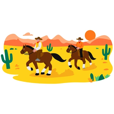 A classic western scene featuring two cowboys riding on horseback. The cowboys are dressed in traditional western attire, with wide-brimmed hats and bandanas around their necks. They are riding in a vast desert landscape filled with golden sand dunes and rugged rock formations. The sun is setting in the background, casting an orange glow across the sky. A few cacti are scattered throughout the scene, adding to the western atmosphere. The horses are galloping, with dust rising from their hooves, emphasizing the movement of the scene.