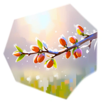 An almond tree branch extends gracefully, adorned with delicate frost that sparkles under the soft morning light. The branch showcases multiple clusters of almond buds, partially obscured by the crystalline frost. The background features a gentle blur of green grass, hinting at the freshness of a new day, while the sunlight filters through the frost, creating a shimmering effect throughout the scene.