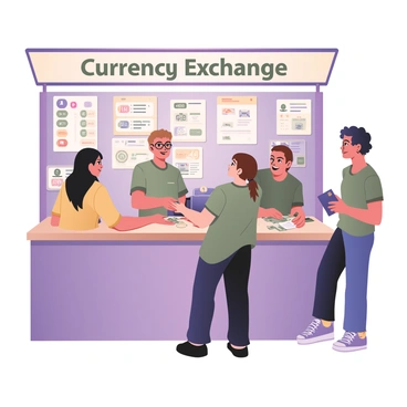 A digital flat illustration of a busy currency exchange booth. The booth is filled with detailed posters displaying various currency symbols and exchange rates. There are multiple people standing at the booth. One individual, a woman with long black hair wearing a yellow dress, is handing over US dollars to the clerk. The clerk, a man with short brown hair and glasses, is counting the money and smiling. Another customer, a man with curly hair and a green t-shirt, is waiting to exchange euros, holding his passport in one hand. In the background, there are various currency notes and coins scattered on the counter, with a bright sign overhead reading "Currency Exchange."