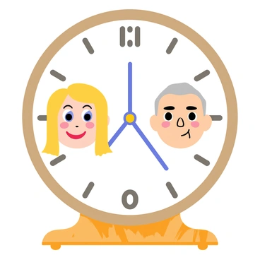 A tabletop clock with a round shape featuring two distinct faces. One side displays a "youthful face" with bright, smiling features and sparkling blue eyes, while the other side shows an "aged face" with wrinkles, gray hair, and wise, gentle eyes. Each face is framed by decorative clock hands pointing to different times. The clock is set on a wooden base with intricate carvings.