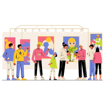 A vibrant art fair filled with diverse exhibits showcasing colorful paintings and sculptures. Art enthusiasts of various ages are browsing the displays, examining the intricate details of each piece. A group of three individuals is engaged in conversation, pointing at a large abstract painting featuring bold reds and blues. Nearby, a couple admires a sculpture made of twisted metal, while a family takes photographs in front of a bright mural. The atmosphere is lively with a variety of artworks on display, creating an engaging experience for all attendees.