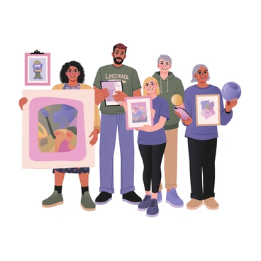 A group photo featuring a diverse team of artists standing together. The group consists of five individuals, each displaying their unique style of artwork. The first person on the left is a woman with long curly black hair, wearing glasses and a colorful patterned dress, holding a large canvas with a vibrant abstract painting. Next to her is a man with short brown hair and a beard, wearing a graphic t-shirt and jeans, proudly showcasing a detailed sketch on a tablet. The third member is a woman with medium skin and straight blond hair, wearing a casual blue shirt and black leggings, holding a framed watercolor piece. The fourth is a young man with curly red hair and freckles, dressed in a green hoodie and denim shorts, displaying a striking digital art print on his phone. Finally, the last team member is an older woman with short gray hair, wearing a floral blouse and trousers, holding a handmade sculpture in her hands.