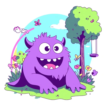 A cheerful purple monster with large round eyes and a big smile is sitting on the grass in a bright sunny park. The monster has colorful spots and fuzzy fur, with small horns on its head. Around the monster, there are a variety of colorful flowers and butterflies fluttering in the air. In the background, a tall tree with a swing hanging from one of its branches can be seen, while a rainbow arches across the sky. The scene conveys a playful atmosphere, inviting children to engage with the friendly monster.