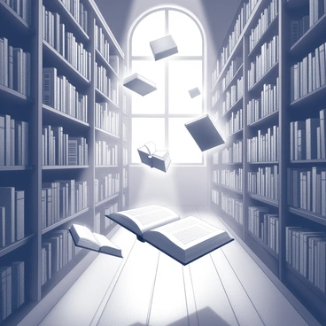 A large library filled with towering bookshelves. The shelves are packed with books of various sizes and shapes. Many of the books are levitating in mid-air, emitting a soft, glowing light that illuminates the surroundings. The light casts gentle shadows across the wooden floor. The atmosphere is enchanting, with swirling dust particles visible in the beams of light. Some books appear to be open, with pages fluttering as if caught in a gentle breeze. In the background, a grand window allows streams of light to enter, enhancing the magical ambiance.