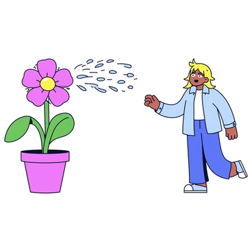 A classic gag featuring a flowerpot with a bright red flower. The flower has a long green stem and thick leaves, positioned prominently in the center of the image. The flower has a shiny water-squirting nozzle cleverly concealed within it. A surprised passerby is depicted nearby, with wide eyes and an open mouth, looking directly at the flower. Water is visibly spraying out from the flower, creating an arc of water droplets in the air. The scene is set against a simple background to keep the focus on the flower and the passerby.