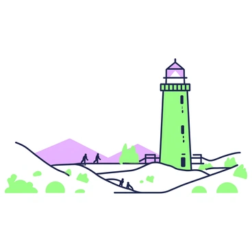 A lighthouse stands alone in a vast desert landscape. The structure is tall and cylindrical, with a conical top housing the light source. The surrounding sand dunes are gently rolling, with sparse patches of vegetation scattered throughout. The sky above is clear, emphasizing the isolation of the lighthouse. In the distance, a few small travelers can be seen making their way towards the beacon, their silhouettes framed against the bright expanse of sand and sky. The lighthouse, while solitary, serves as a guiding light for these wanderers in the arid environment.