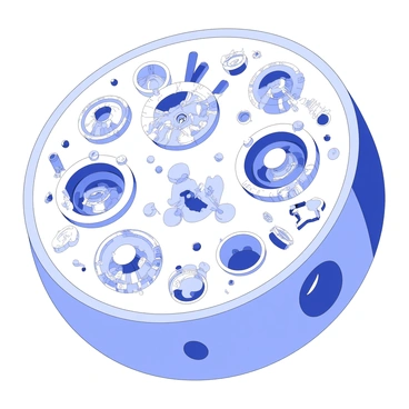 A complex cell is shown in detail. Within the cell, numerous lysosomes are depicted as tiny, intricate machines with gears and levers, actively processing and breaking down materials. Each lysosome has an opening that reveals its inner workings, illustrating enzymes and other components at work. The cell membrane surrounds the scene, with various organelles clearly visible, interacting with the lysosomes. Structures like the nucleus and mitochondria are present, contributing to the dynamic environment of the cell.