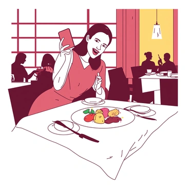 A white tablecloth is elegantly spread across a dining table at a fancy restaurant. In the center of the table, there is a beautifully plated dish featuring vibrant colors and artistic garnishes. A patron, wearing a stylish outfit, is leaning forward excitedly, holding up a smartphone to capture the moment. The patron has a bright smile, and their eyes are focused on the dish. Soft lighting from above casts a warm glow on the scene, highlighting the luxurious ambiance of the restaurant. In the background, there are blurred silhouettes of other diners enjoying their meals.
