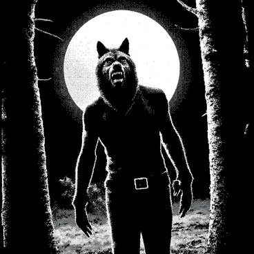 A person is standing in a forest under a bright full moon, partially transformed into a werewolf. Half of their face displays elongated features with sharp canine teeth, while the other half retains human characteristics. Their hands are changing, featuring thick fur and elongated claws, with one hand clutching a tree trunk for support. The person's eyes shine with a wild intensity, one resembling a human's eye and the other a wolf's. The surrounding trees are tall and shadowy, with the moonlight casting angular shapes on the ground. There is a sense of tension in the air as the transformation is in progress.