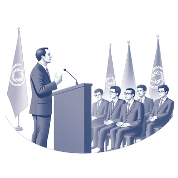 A delegate stands confidently at a podium, gesturing emphatically while delivering a speech. The delegate wears a formal suit and looks directly at the audience. The crowd is seated in rows, with expressions of focus and engagement on their faces, some leaning forward in anticipation. The podium is adorned with a microphone, and there are several flags in the background, representing different groups or countries. The lighting highlights the delegate's figure, emphasizing the importance of the moment.