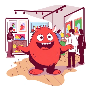 A red friendly cartoon monster is standing proudly in an art gallery, showcasing its colorful artwork. The monster has large, expressive eyes and a wide smile, with small horns on its head. Around it, there are various framed pieces of artwork hanging on the walls, featuring bright colors and playful designs. The floor of the gallery is polished wood, and there are a few small spotlights highlighting the monster and its creations. The atmosphere feels lively and inviting, with other visitors admiring the artwork in the background.