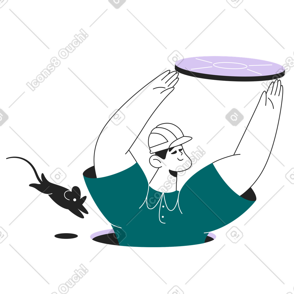 Worker climbing out of manhole, Logging or system maintenance illustration in Sammy Line style download in PNG, SVG