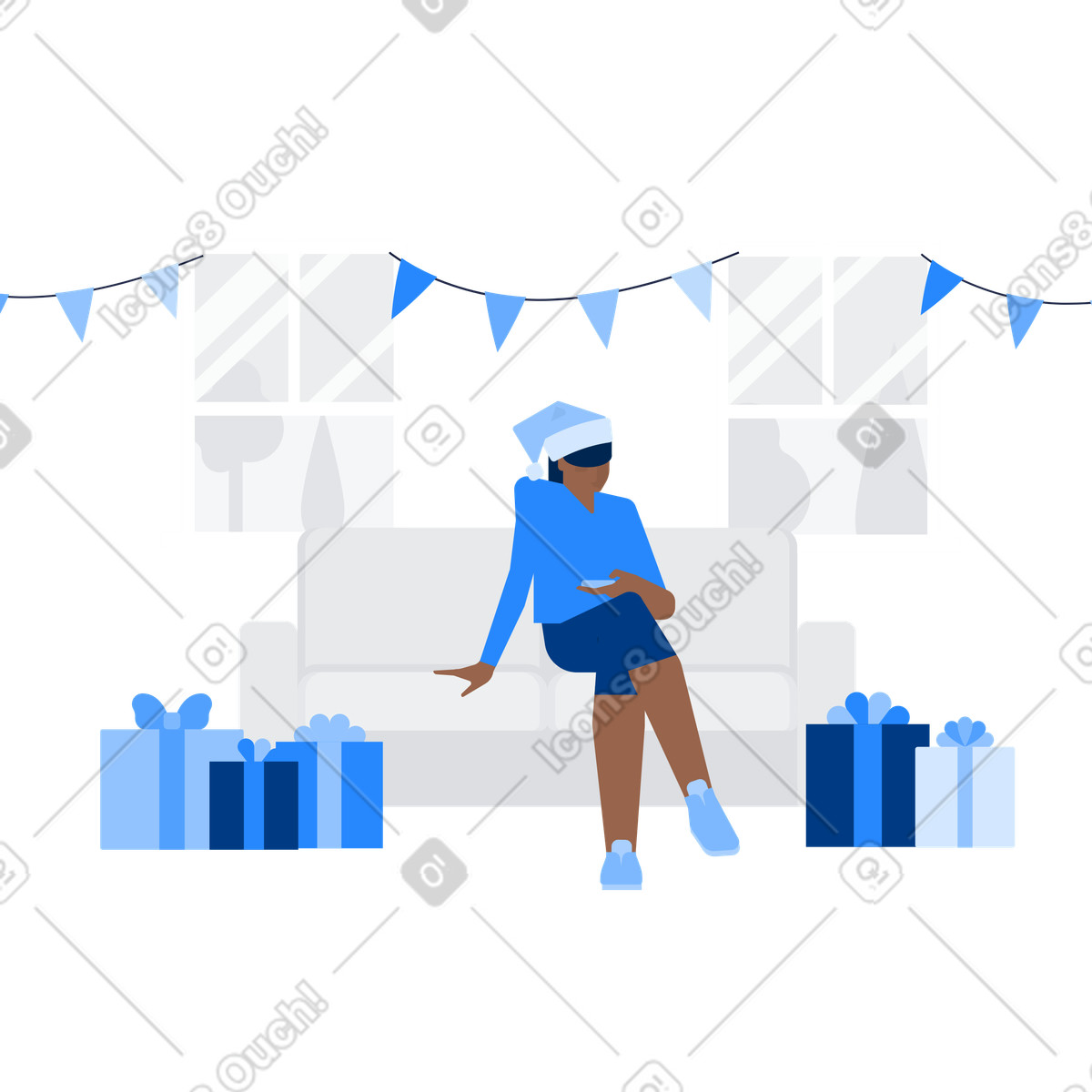Illustration Festive cozy home with presents, Online gift shopping for holidays dans le style Urban à télécharger aux formats PNG, SVG